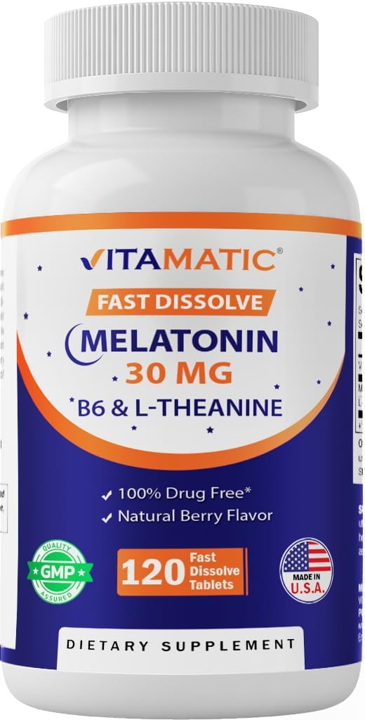 Vitamatic Melatonin 30 mg - med B6 & L-Theanin - 120 Snabbupplösta tabletter med naturlig Berry smak (2 tabletter dos = Melatonin 60 mg) (120 greve 1)