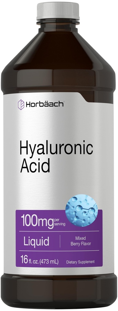 Horbäach Liquid Hyaluronic Acid Supplement | 100 mg | 16 oz | Mixed Berry Flavor | Non-GMO and Gluten Free Formula