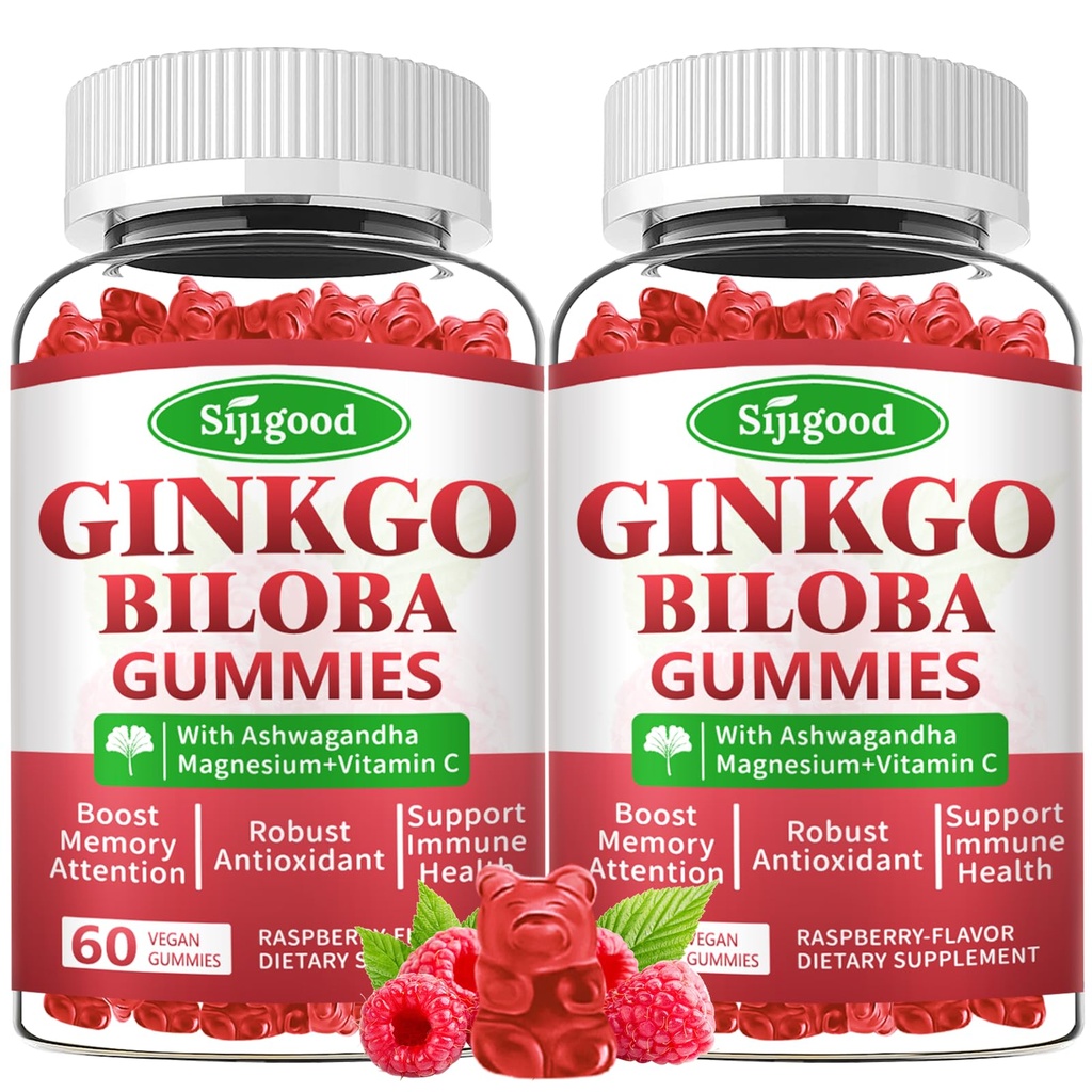 2 Pack Ginkgo Biloba Gummies med Panax Ginseng och Magnesium, Ginkgo Biloba kosttillskott för fokus, minne och hjärnhälsa för vuxna och barn, Vegan Raspberry Flavor Gummies, 120 greve