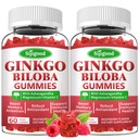 2 Pack Ginkgo Biloba Gummies med Panax Ginseng och Magnesium, Ginkgo Biloba kosttillskott för fokus, minne och hjärnhälsa för vuxna och barn, Vegan Raspberry Flavor Gummies, 120 greve