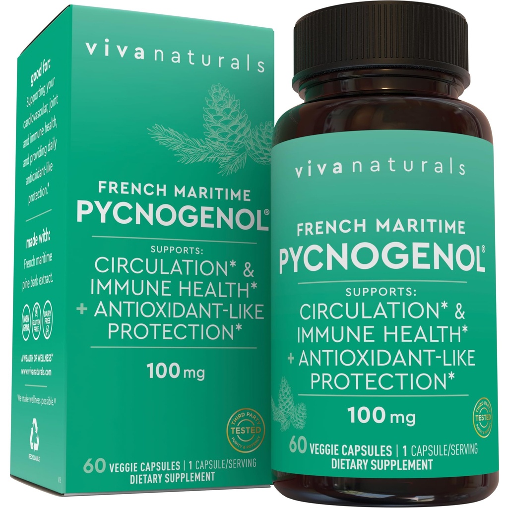 Viva Naturals Pycnogenol - 100mg French Maritime Pine Bark Extract - Stöder cirkulation, antioxidantlik aktivitet, gemensamma och immun hälsa och funktion - 60 Veggie kapslar