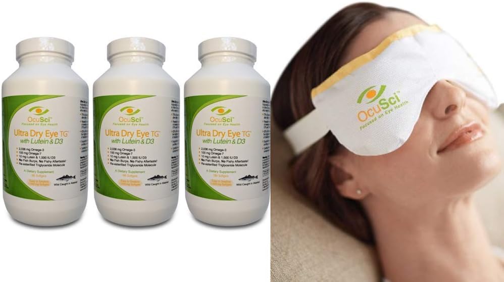 Formulerad för torra ögon med Triglyceride Ultra Pure Omega-3, Omega-7, Lutein och D3 och en torr ögonkompress