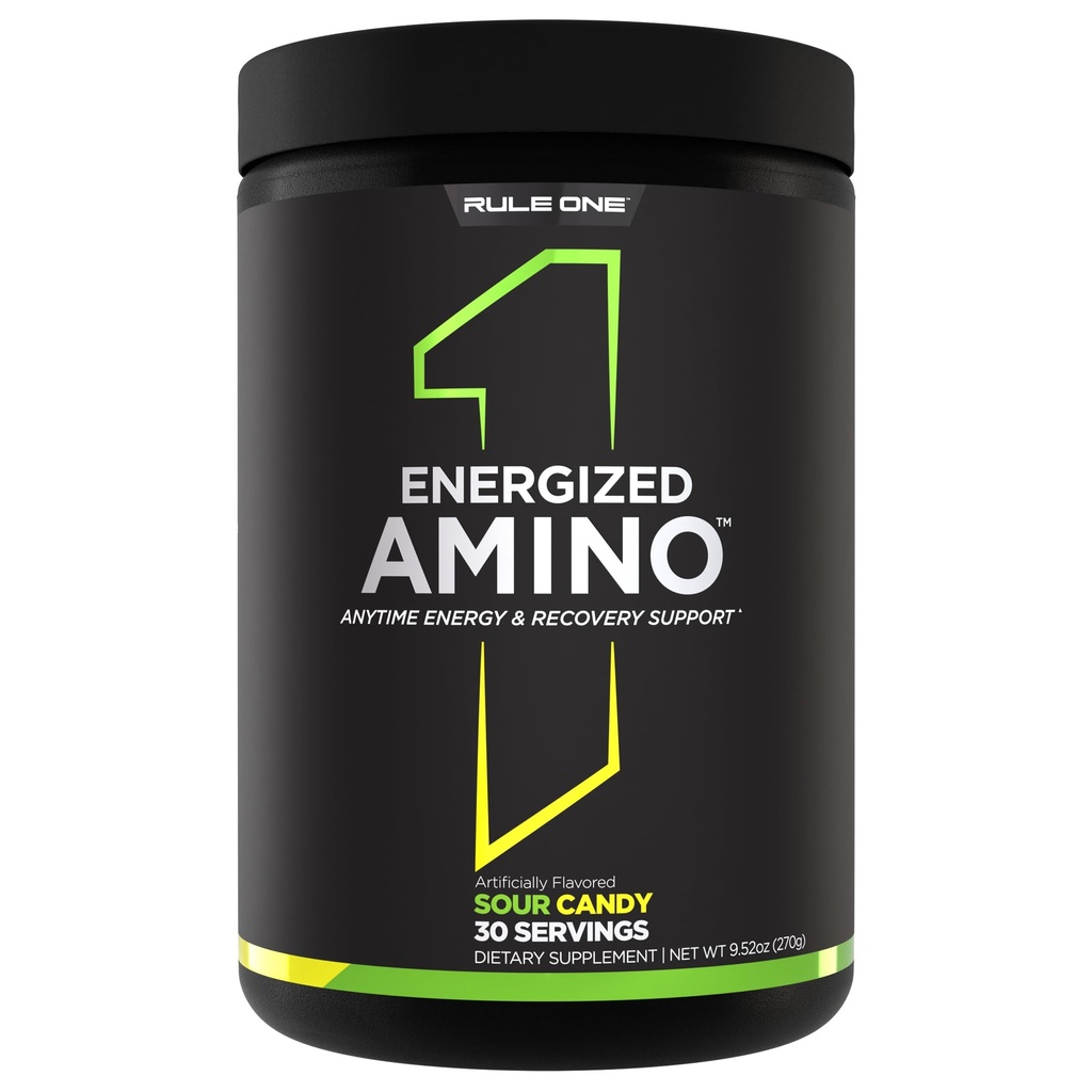 Regel 1 Energized Amino - Anytime Energy and Recovery Support med BCAAs, Glutamine, Citrulline, Beta Alanine och koffein från grönt kaffe och teblad extrakt (30 portioner, Sour Candy)