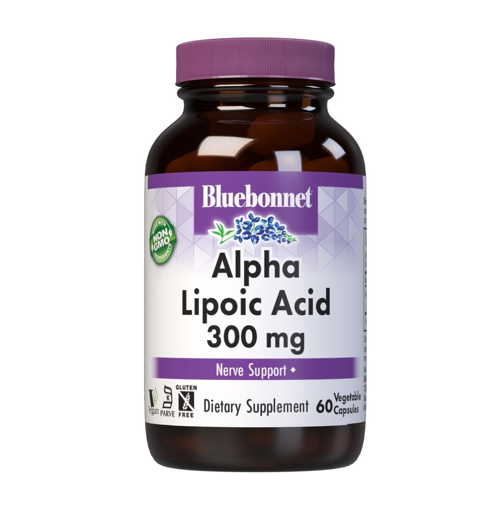 BlueBonnet Alpha Lipoic Acid 300mg - Kraftfull Antioxidant Nerve Support Supplement för kvinnor och män - Icke-GMO, Vegan, Kosher - Gluten-Free, Soy-Free, Dairy-Free - 60 Vegetabiliska kapslar