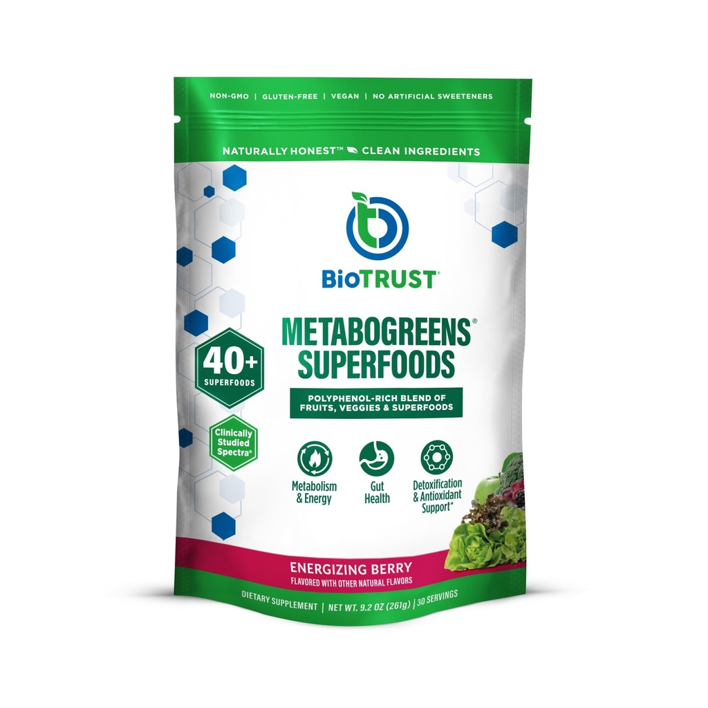 BioTrust Metabo Greens Superfood Powder - Super Greens Powder, Fruit & Veggie Blend med kliniskt Studied Spectra - Non GMO, Soy Free, Gluten Free, Dairy Free, Energizing Berry Flavor (30 portioner)