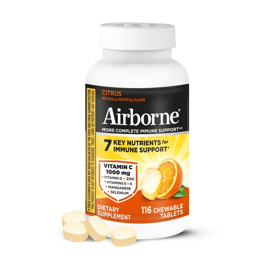 Airborne Vitamin C 1000mg (per portion) - Citrus Chewable Tablets (116 greve i en flaska), Gluten-Free Immune Support Supplement, med vitaminer A C E, Zink, Selen, Echinacea, Ginger, Antioxidanter