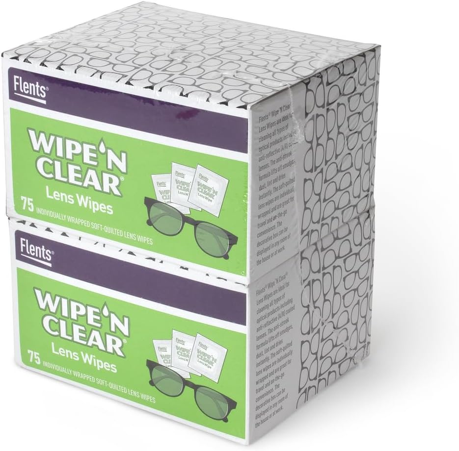 Flents Lens Wipes, Wipe 'N Clear, 150 Count, Pre-Moistened, Streak-Free, Säker för glasögon, solglasögon, Gentle Cleaning, Clear Vision, Individually Wrapped för Travel & Convenience, Gjord i USA