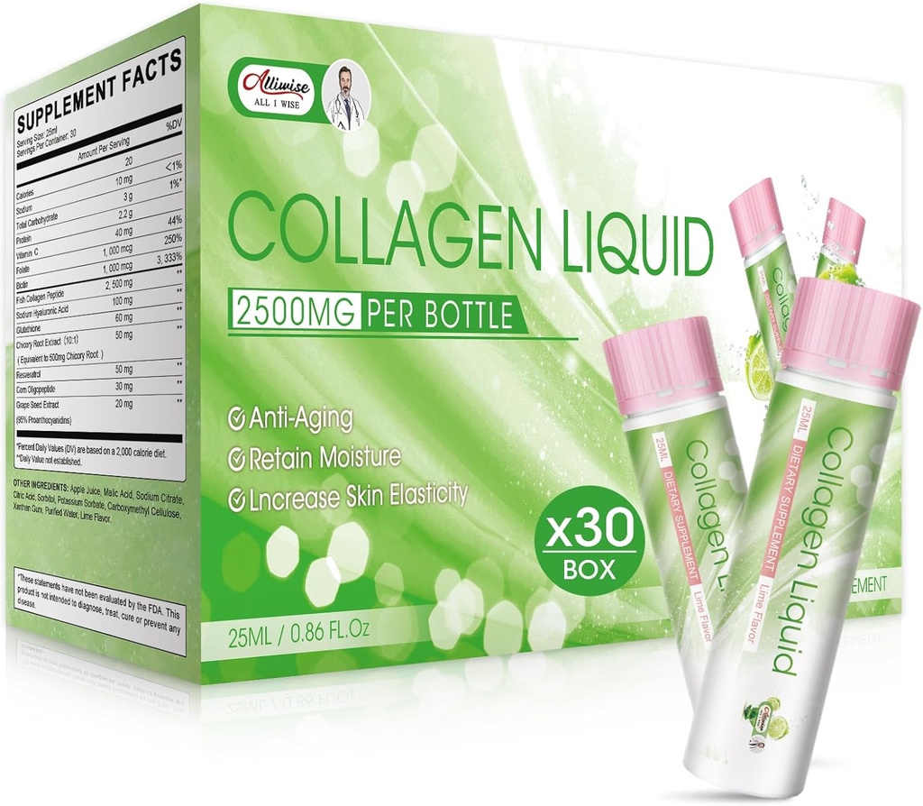 Flytande Collagen för kvinnor, 2500mg skönhet Collagen Drink med Marine Collagen Peptides Glutathione Anti-Aging, behålla fukt, vitamin C & Biotin för hudrevitalisering (Pack av 30)-Lemon Flavor