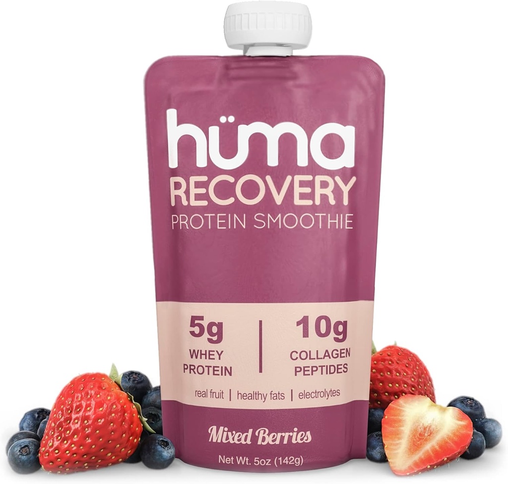 Huma Recovery Protein Smoothie, 20 påsar - 15g Collagen + Whey Post Workout Recovery Drink - Redo att dricka protein Shake med riktig frukt, elektrolyter, hälsosamma fetter