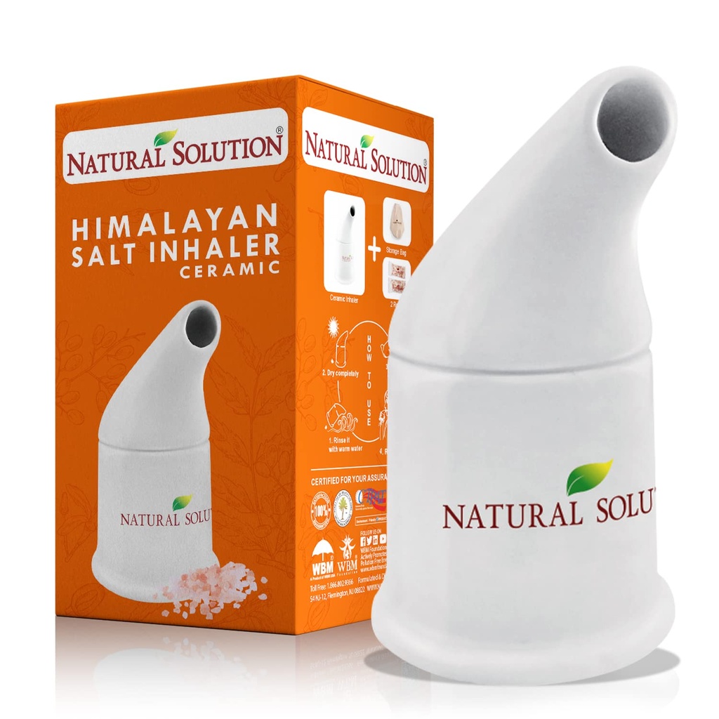 NATURAL SOLUTION Ceramic Salt Inhaler med 2 Himalayan Pink Salt Refills, rengör andningssystemet, Relief Breathing Congestion, Inhaler för Asthma White 1 Count