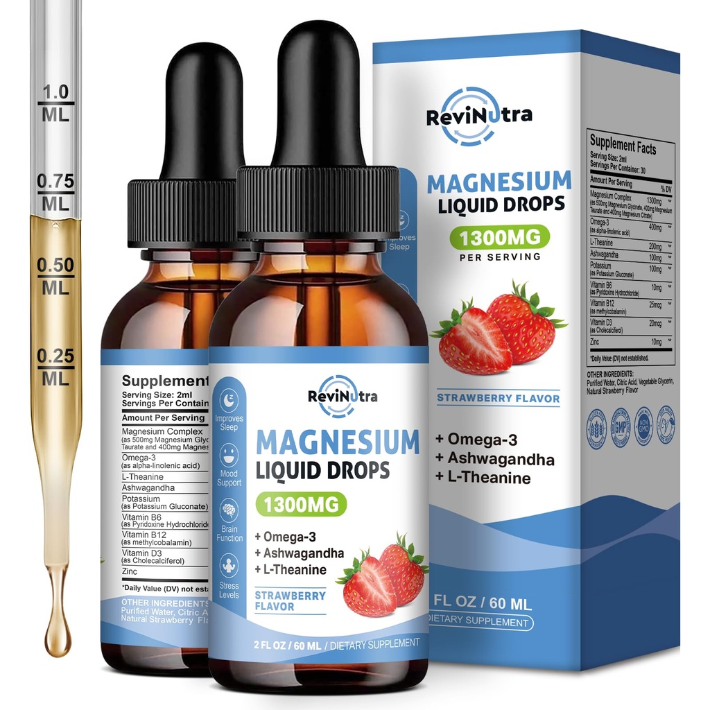 2 Pack Liquid Magnesium Glycinate droppar med Taurate & Citrate, Calm Magnesium med Omega3, L-Theanin, kalium, Ashwagandha, Vitamin för sömn, muskel, immun hälsa, sockerfri jordgubbsmak