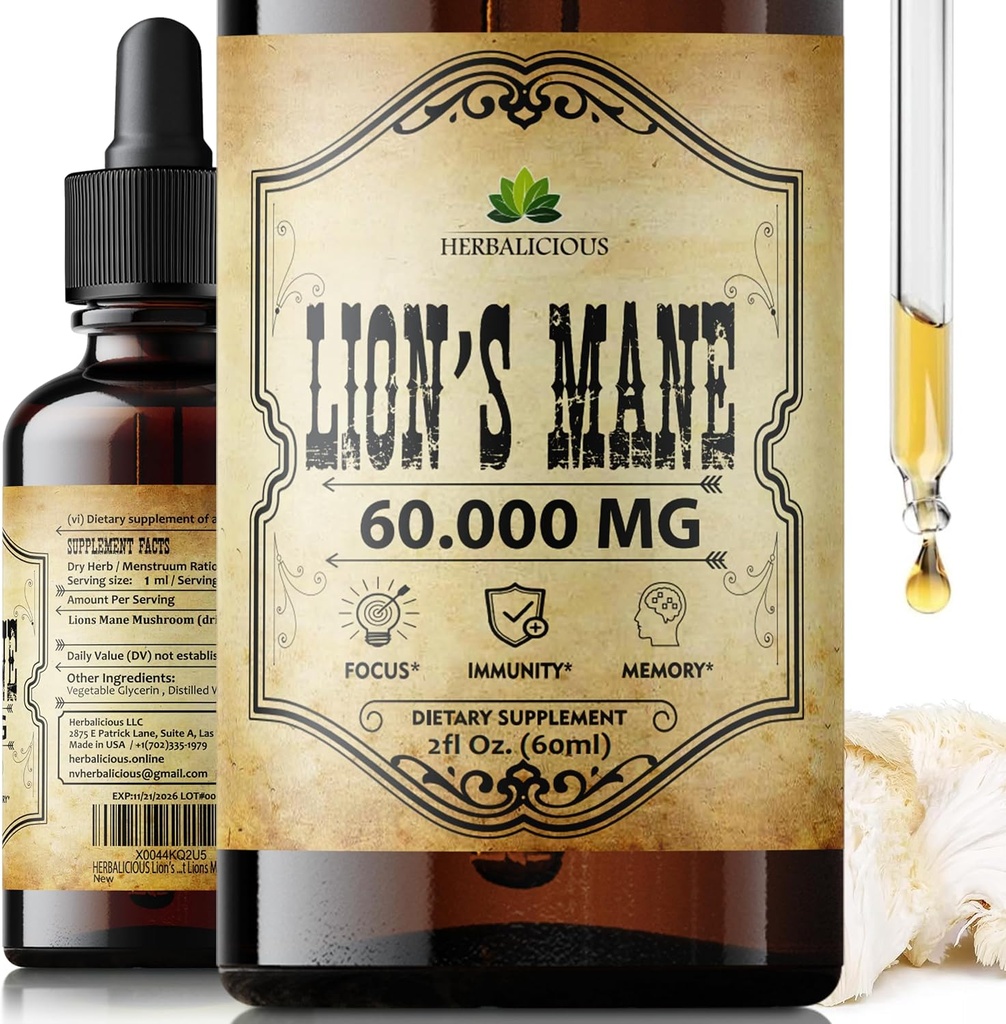 Lion's Mane Extract 2 fl oz Liquid - Natural Mushroom Supplement Tincture för hjärna, minne, Mental Clarity & Focus - Immune Support - High Potency Formel - 90-Day Supply