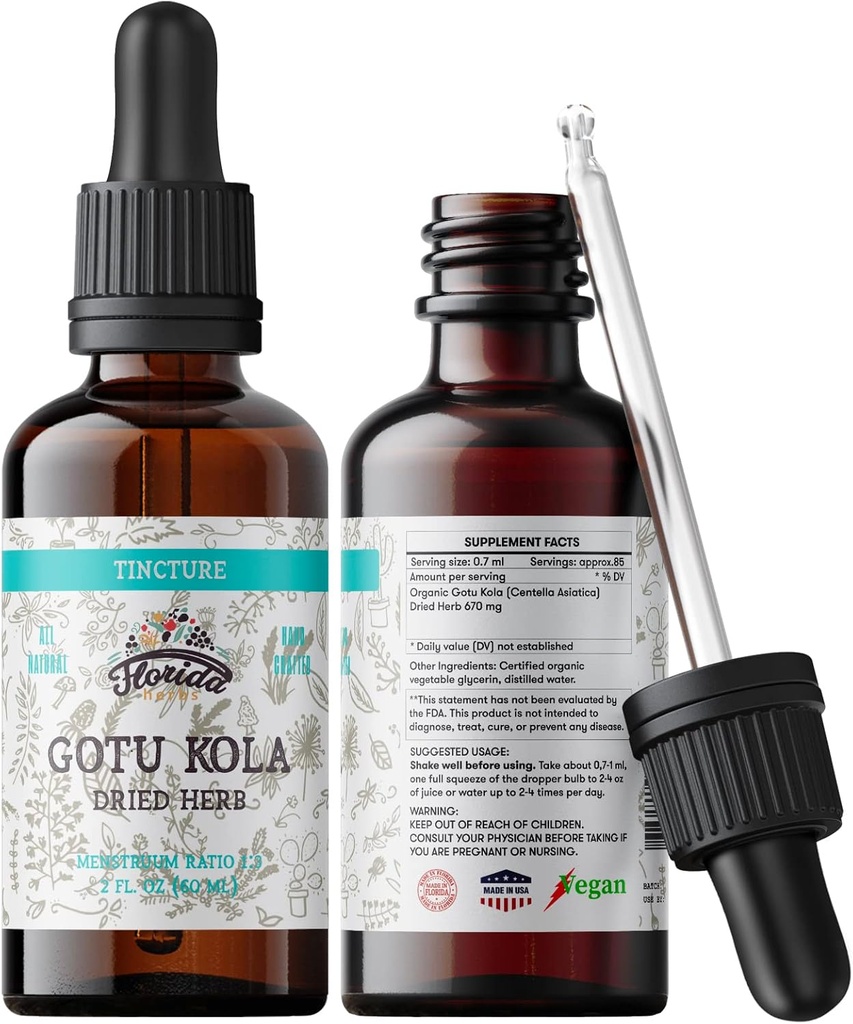 Gotu Kola Tincture, Organic Gotu Kola Extract, Gotu Kola Drops (Centella Asiatica) Torkade Herb