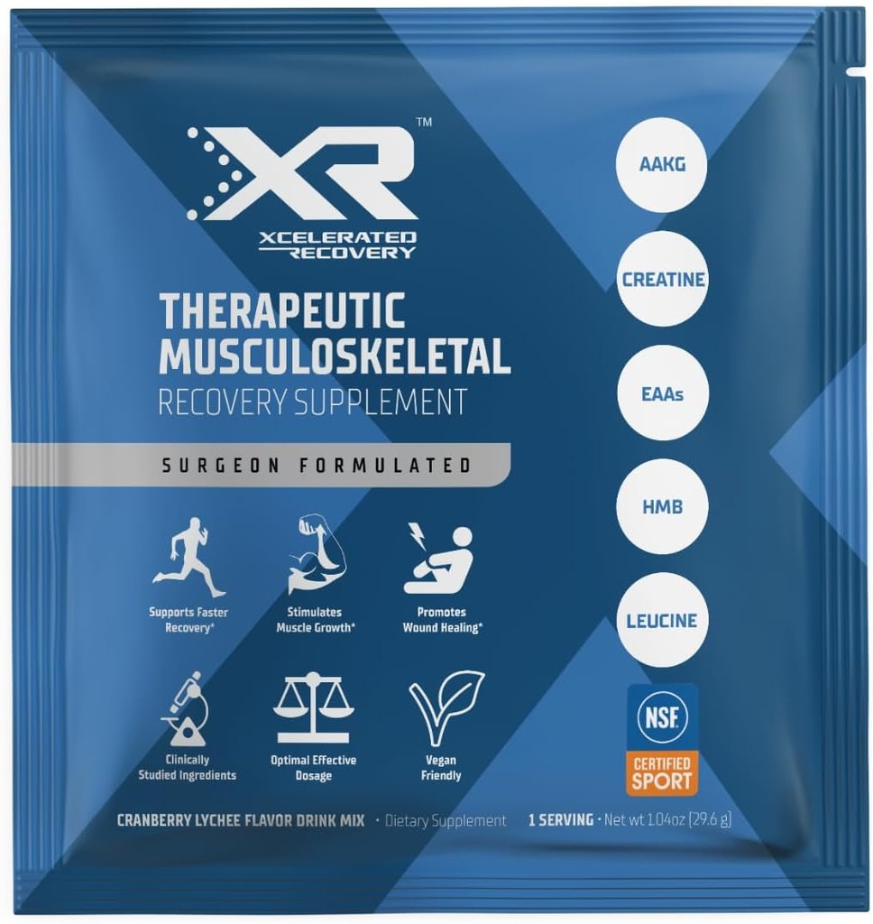 XRTM Therapeutic Musculoskeletal Recovery Supplement 14-Pack | Skada och kirurgi Återhämtning | Aminosyror, HMB, Kreatin, AAKG | Cranberry Lychee Flavor Powder Drink Mix | NSF Certifierad för sport