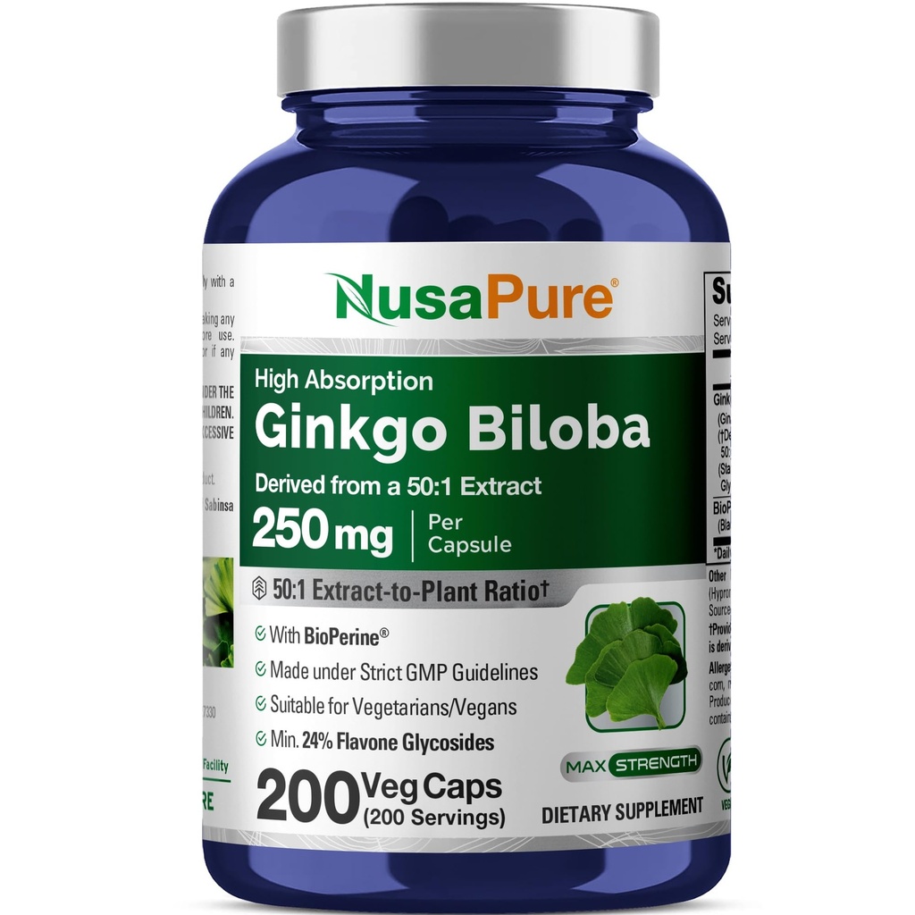 NusaPure Ginkgo Biloba 50:1 Extrakt, 250 mg Equivalent till 12 500 mg per Veggie Caps 200 kapslar (Vegetarian, Non-GMO, Vegan) Bioperine