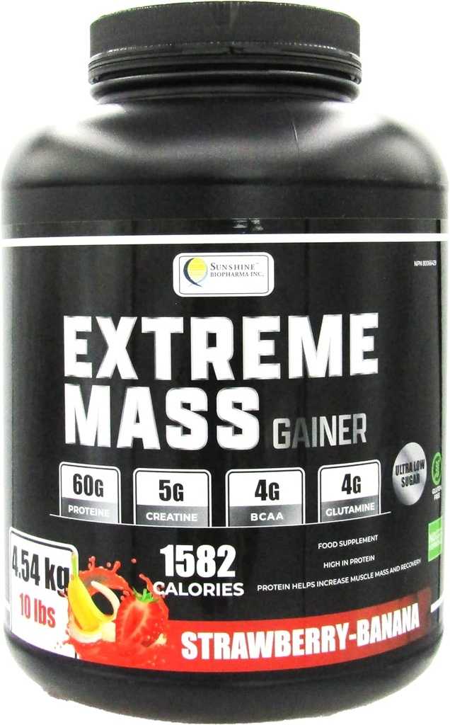Extreme Mass Weight Gainer Muscle Builder, 10 lb (4,54 kg) med mindre socker för intensiv träning Made of high Calorie Fortified whey Protein (Strawberry-Banana)