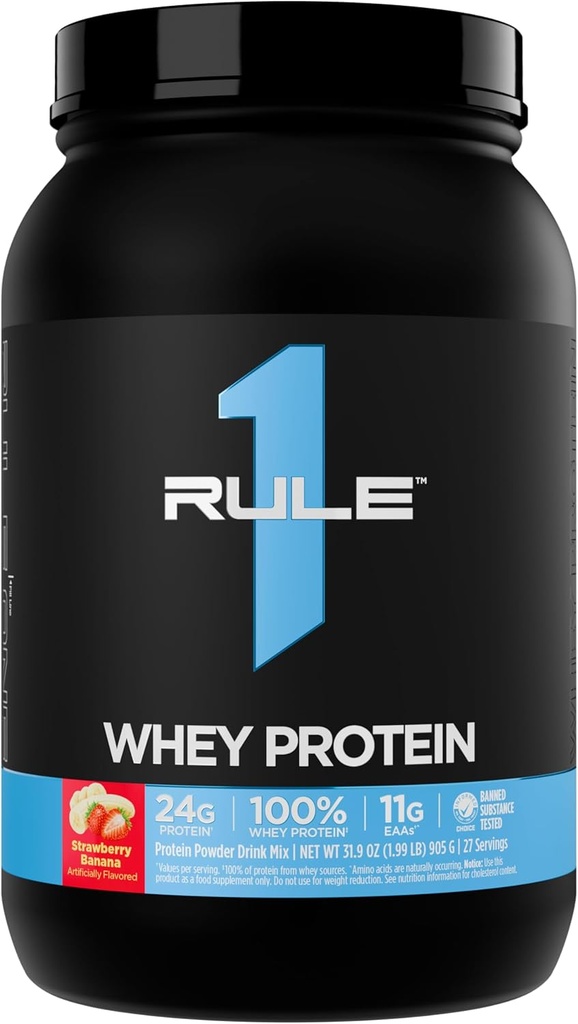Regel 1 Whey Protein - 24g Fast-Acting Protein från All-Whey Källor med Naturligt Occurring EAAs & BCAAs för Workout Recovery eller Anytime Use (2 Pounds *, Strawberry Banana)
