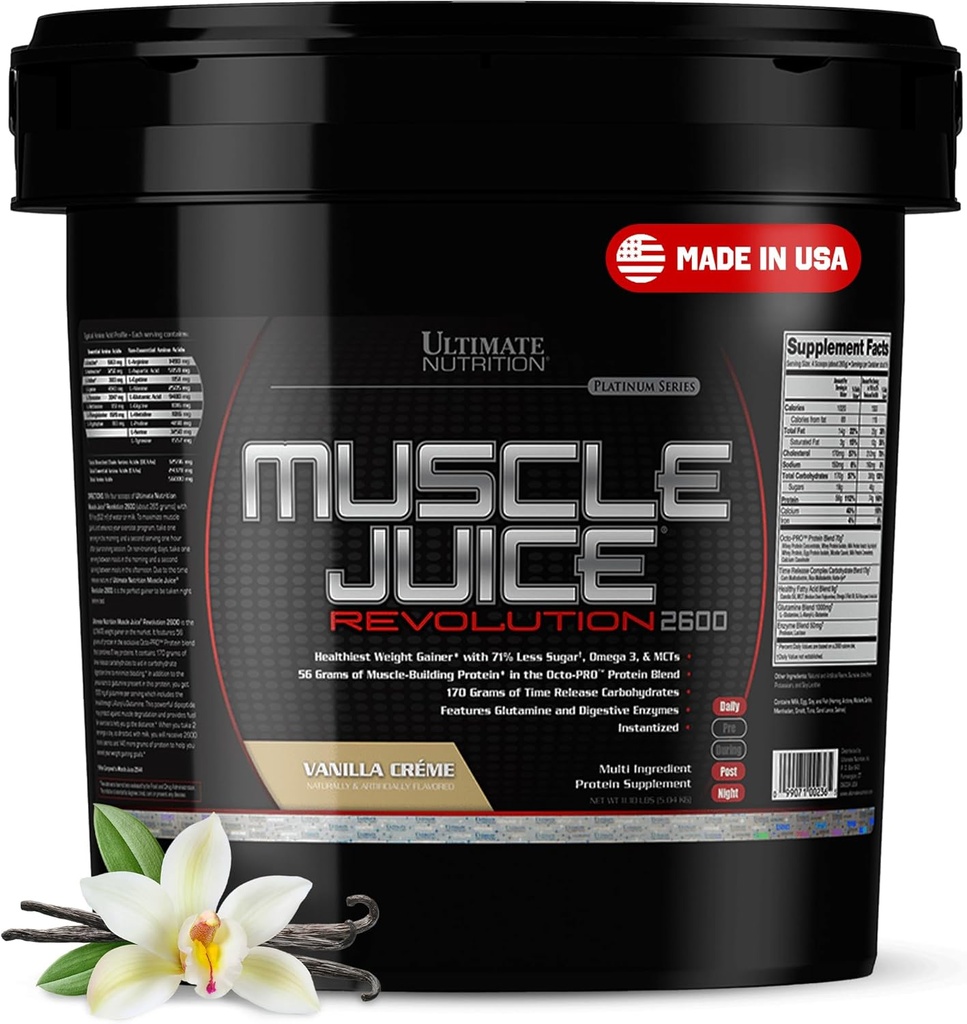 Ultimate Nutrition Muscle Juice 2600 Revolution, Weight Gain Drink Mix - Mass Gainer Workout Powder Supplement för Lean Muscle Growth & Recovery med 56g Protein Blend - Vanilla, 11.105lb