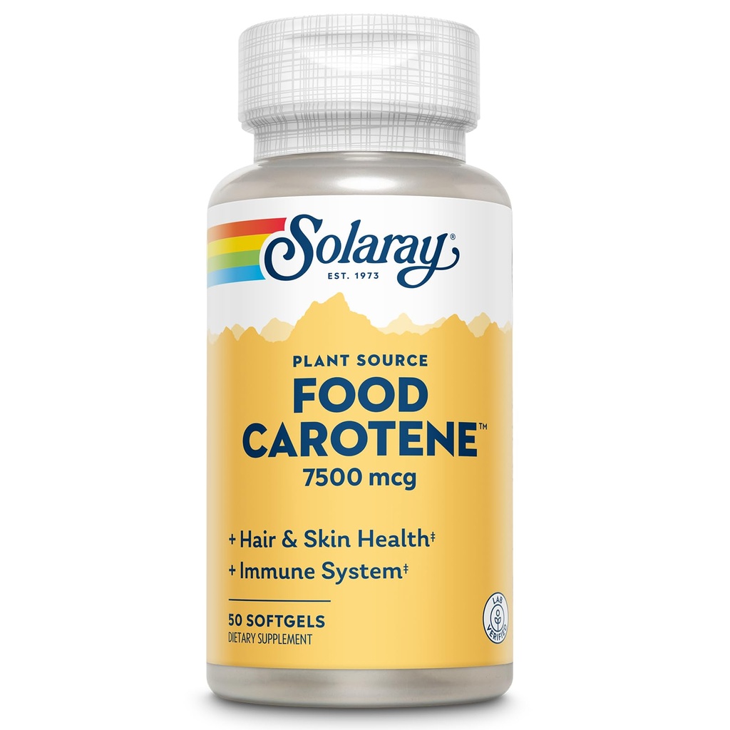 SOLARAY Food Carotene, vitamin A som Beta Carotene 25000IU | Karotenoider för hälsosam hud och ögon, antioxidantaktivitet och immunsystemstöd | 50ct