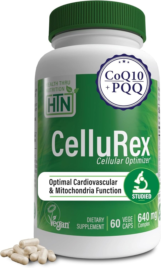 Health Thru Nutrition CoQ10 Plus PQQ och Red Spinach | Cellurex | Cellular Optimizer för hjärncirkulationsenergi och Mitochondria Function Support | Certified Vegan | Non-GMO (Pack of 60)