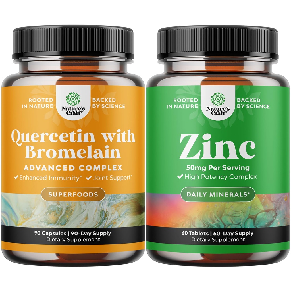 Bundle of Pure Quercetin med Bromelain Supplement + 500mg kapslar för immunstöd och andning och Zink 50mg - Förbättra hårskinn och naglar - Lätt att svälja potentiella dagliga tabletter för vuxna