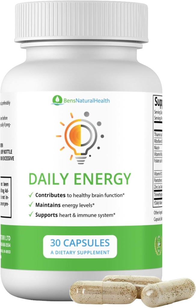 Ben Natural Health Daily Energy B-Vitamin Complex med TMG och Zink för naturlig energi, stress, fokus och immunstöd, 30 kapslar
