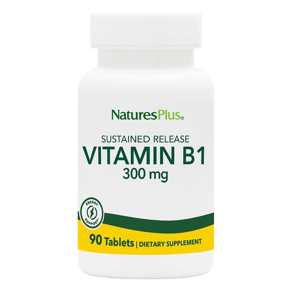 Natures Plus Vitamin B1 (Thiamin HCI), Sustained Release - 300 mg, 90 vegetariska tabletter - Glutenfri - 90 portioner