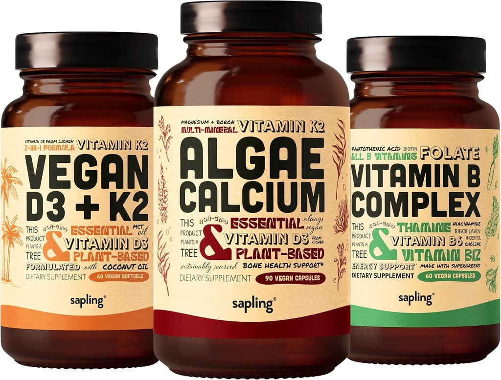 Algae Calcium & Vegan D3 + K2 & Vitamin B Complex Bundle - Calcium Supplement från Red Algae, 4000 IE Vitamin D3 och 100mcg Vitamin K2, Vitamin B Vitaminer
