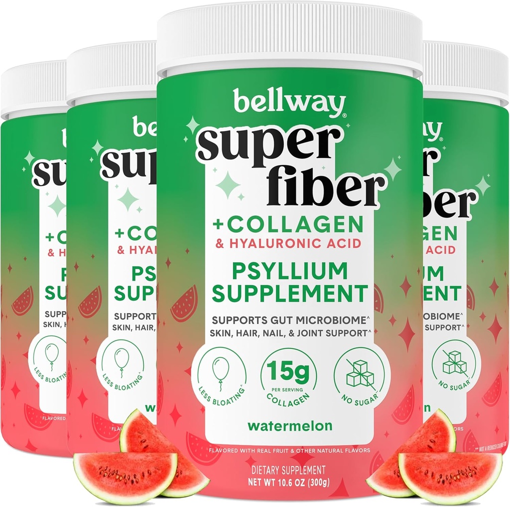 Bellway Super Fiber Powder + Collagen (4 Pack), Sugar-Free Psyllium Husk Pulver med Collagen Peptides och Hyaluronic Acid för Gut Health, Healthy Skin, Nails, Bones & Joints, Watermelon (42,4 oz)