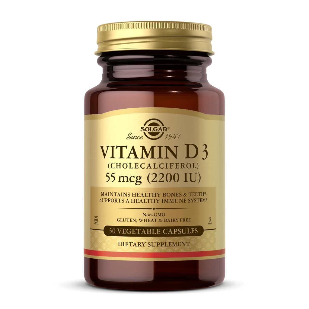 Solgar Vitamin D3 (Cholecalciferol) 55 mcg (2200 IE), 50 vegetabiliska kapslar - Hjälper till att upprätthålla hälsosamma ben och tänder - Immunsystemsupport - icke-GMO, Gluten Free, Dairy Free, Kosher - 50 portioner