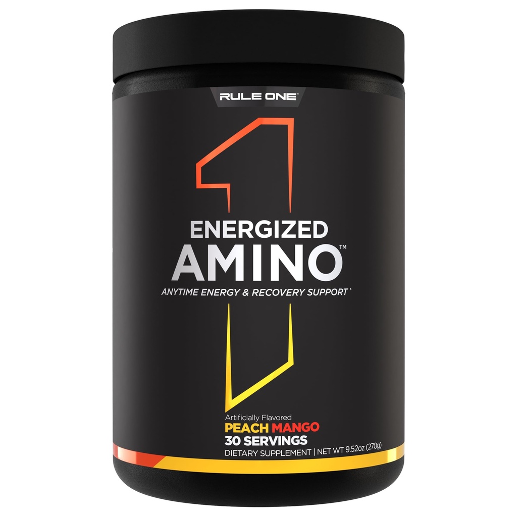 Regel 1 Energized Amino - Anytime Energy and Recovery Support med BCAAs, Glutamine, Citrulline, Beta Alanine och koffein från Green Coffee & Tea Leaf Extracts (30 portioner, Peach Mango)