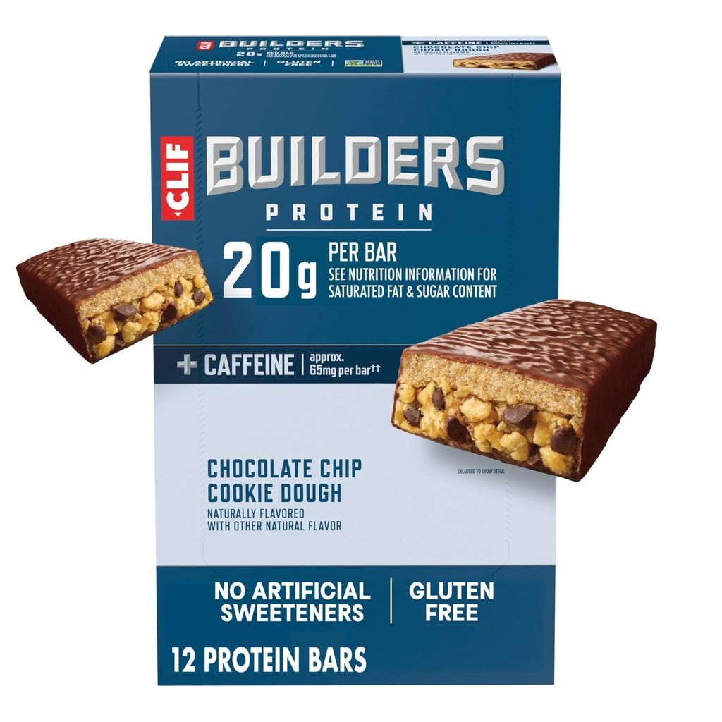 CLIF BUILDERS + Caffeine Protein Bars - Chocolate Chip Cookie Dough Flavor - 20g Plant Based Protein - Gluten Free - Non-GMO - Low Glycemic - Inga konstgjorda sötningsmedel - 2,4 uns. (12 Pack)