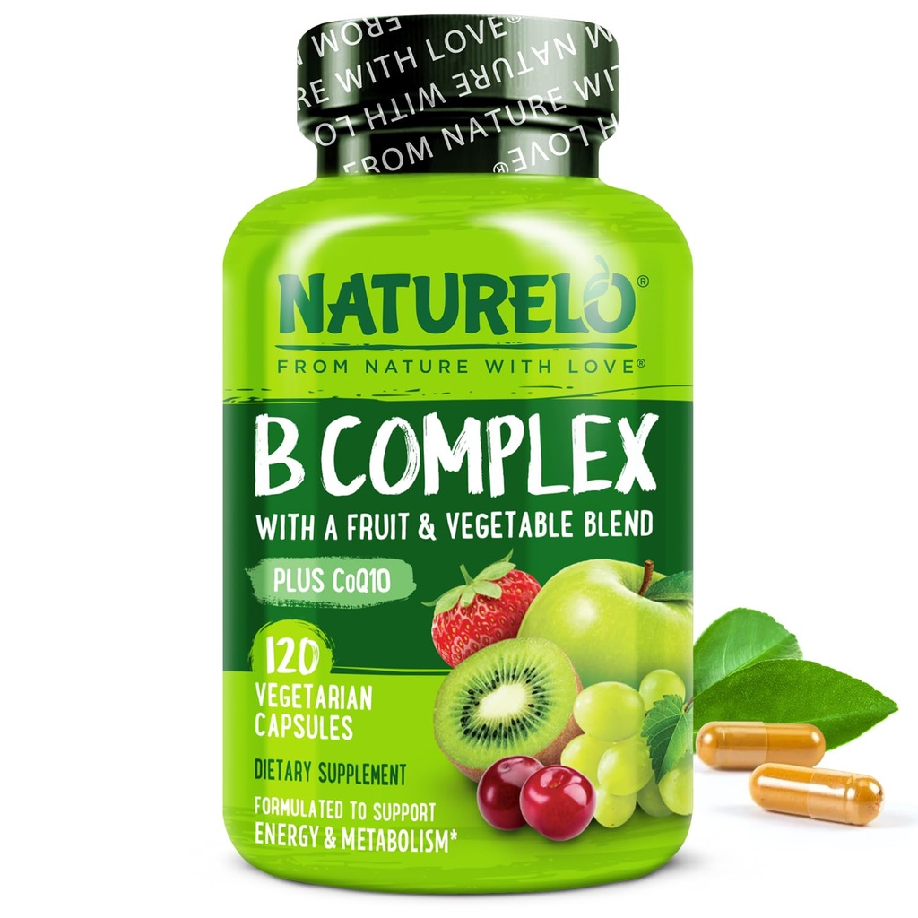 NATURELO Vitamin B Complex,120 Capsules, Vegan, CoQ10, Methyl Folate, Biotin, Fruit & Veg Blend, stöder energi och hälsosam stressrespons, Super B Complex Vitaminer för kvinnor och män