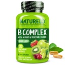 NATURELO Vitamin B Complex,120 Capsules, Vegan, CoQ10, Methyl Folate, Biotin, Fruit & Veg Blend, stöder energi och hälsosam stressrespons, Super B Complex Vitaminer för kvinnor och män
