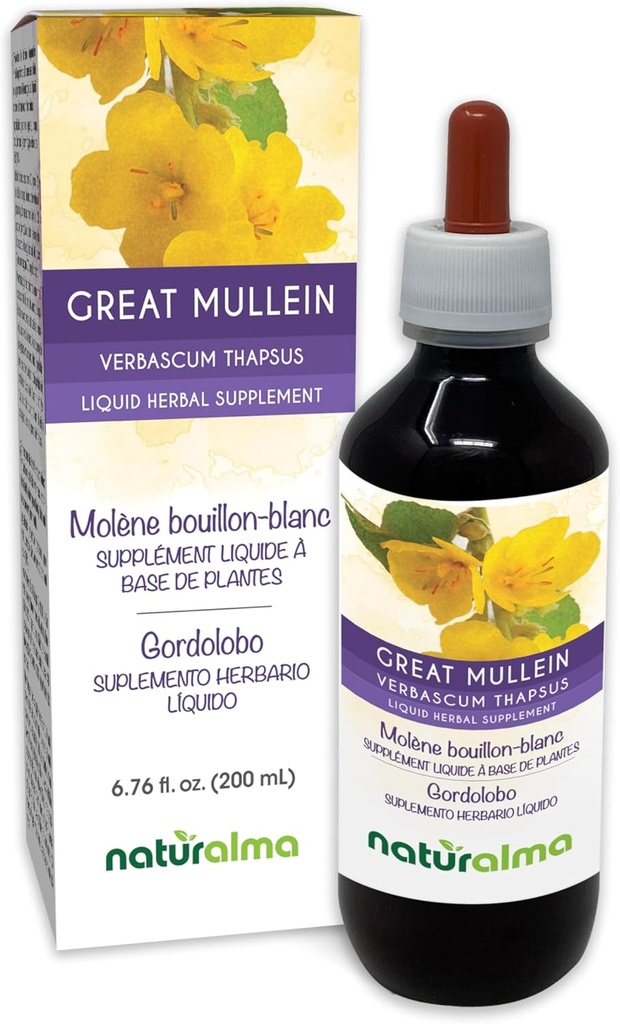 Naturalma Great Mullein eller Common Mullein (Verbascum thapsus) Flower och Leaf Alcohol-Free Tincture - 6,76 fl oz Liquid Extract i droppar - Herbal Supplement - Vegan