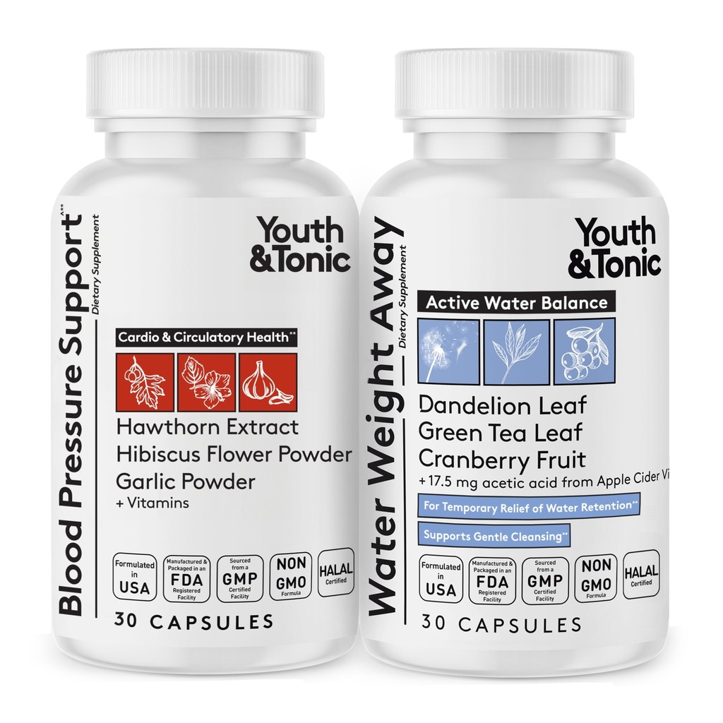 Youth & Tonic Daily Water Weight Away Pills och Blood Pressure Support Supplements/Natural Diuretics for Water Retention & BP Capsules to Maintain a Good Circulatory Health / 60 CPS for Women & Men