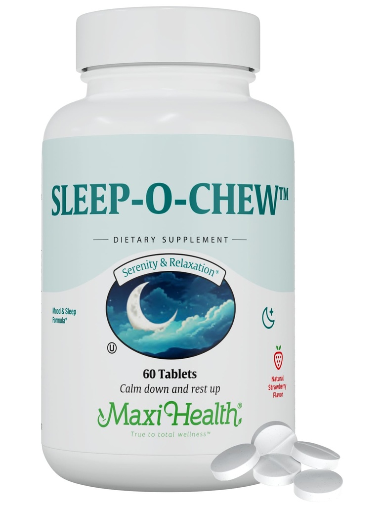 Maxi Health Sleep-O-Chew Strawberry Chewable Tablets med Magnesium, Inositol, L-Tryptophan, 3mg Melatonin för sömnstöd - Non Habit Forming Sleep Aid för vuxna, Kosher Sleep Supplement, 60 Count