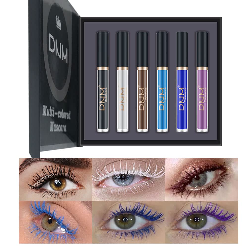 Färgade Mascara färgglada vattentäta Blue Mascara för ögonfransar Set, Vit Black Brown lila långvarig Charmig Voluminous Cruelty Free Vegan Eye Makeup (6 Färger)
