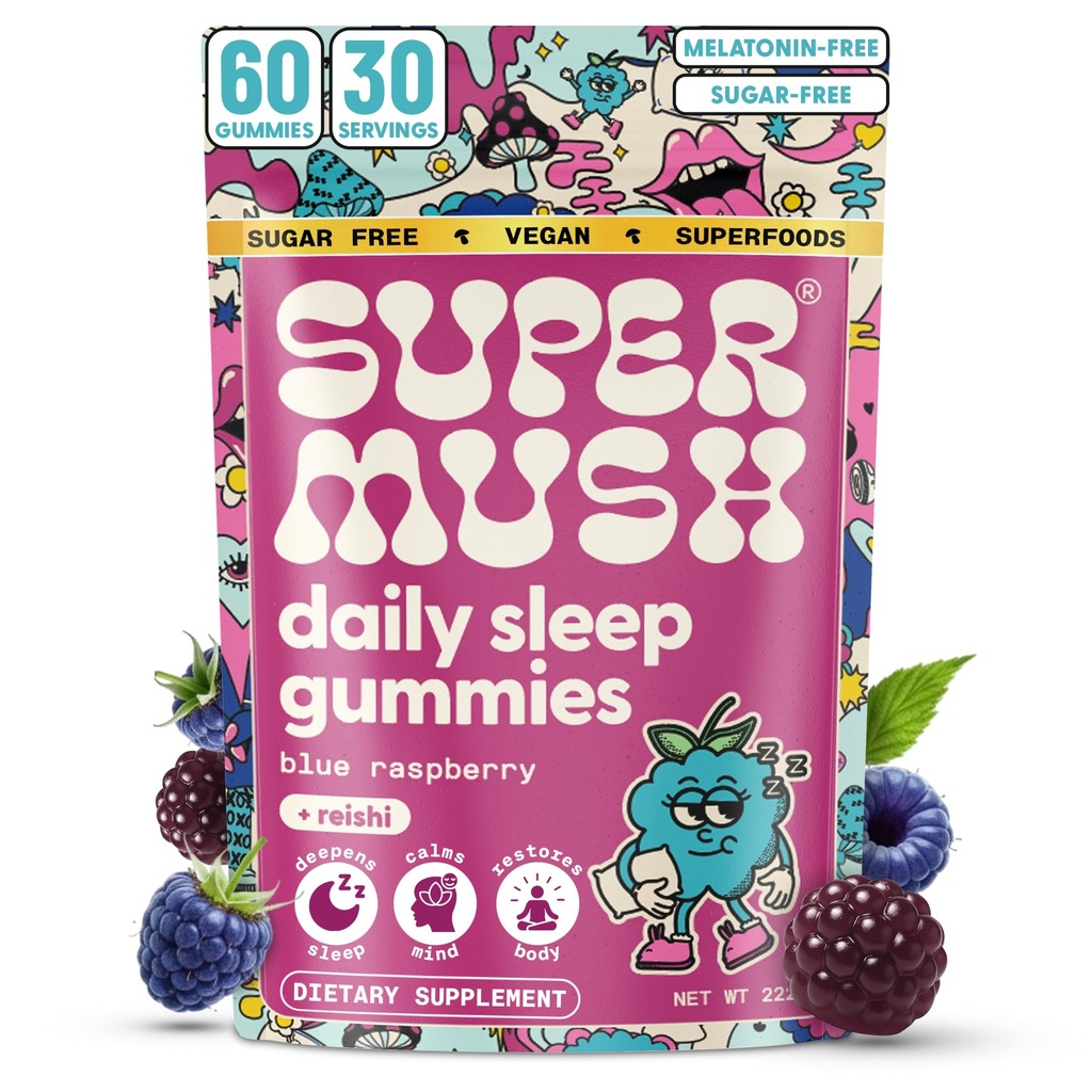 SuperMush Sleep Gummies för vuxna - Mushroom Supplement med Magnesium Citrate, L-Theanine, Chaga, Reishi & Chamomile för djup sömn, REM & Detox - Vegan & Sugar-Free - 60 Gummies (30 portioner)