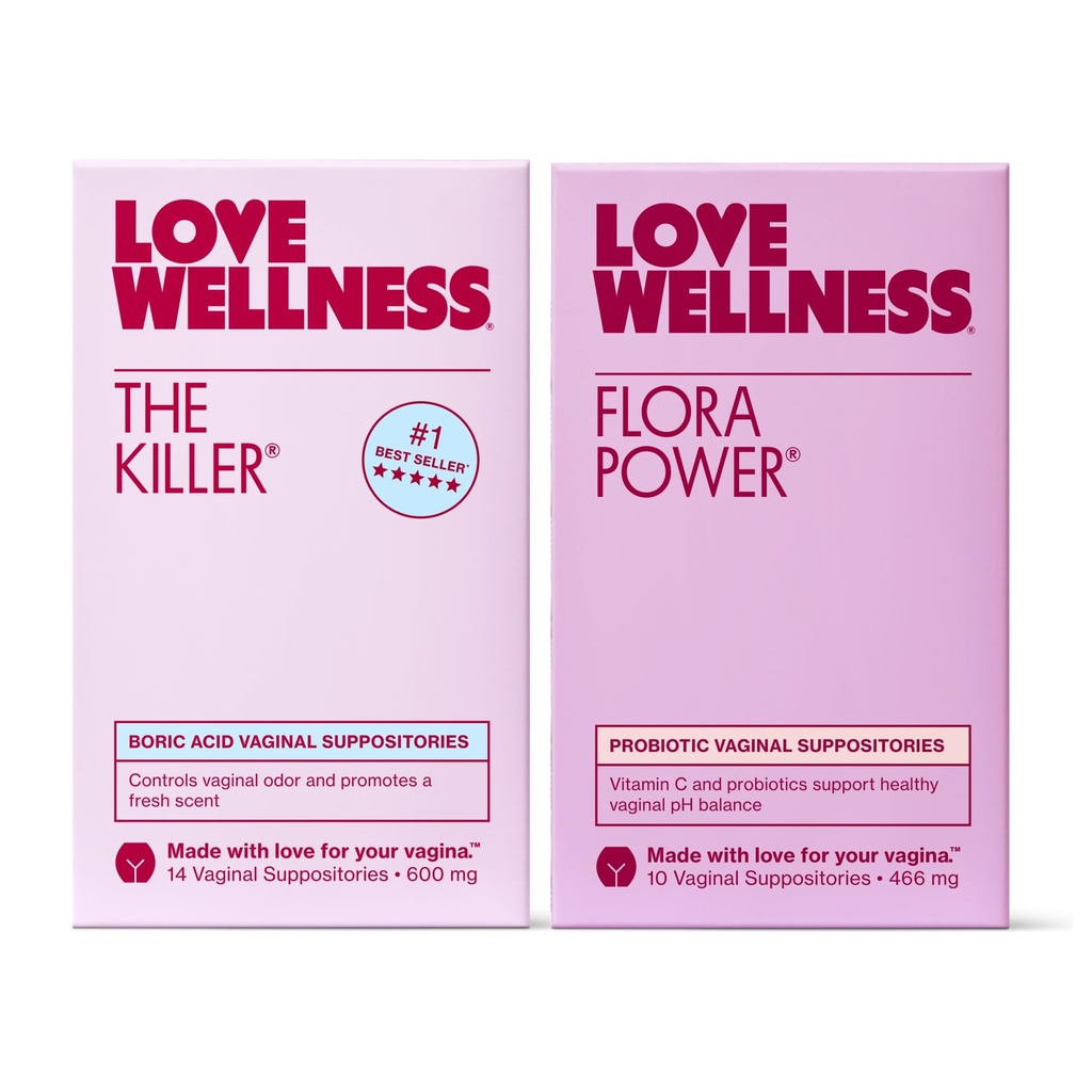 Love Wellness The Killer & Flora Power | Vaginal Suppository Duo with Boric Acid, Probiotics & Vitamin C | Supports pH Balance, Odor Control & Feminine Health | Fragrance-Free, Non-GMO & Paraben Free