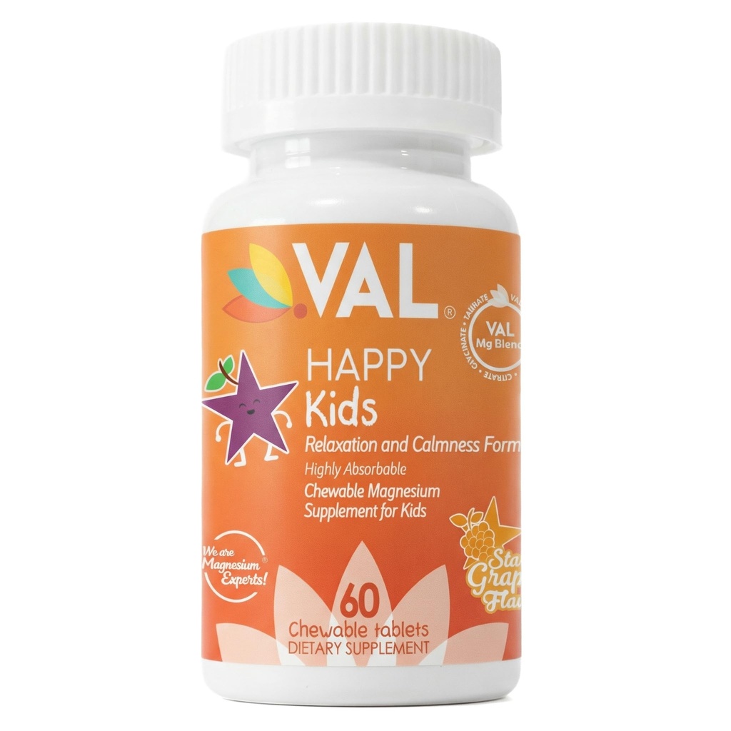 VAL Magnesium för barn | High-Absorption Magnesium för lugn, avkoppling och fokus | Mg Glycinate, Citrate & Taurate | med vitamin B6, D & C | Sugar-Free, Icke-GMO | 60 Chewabletter