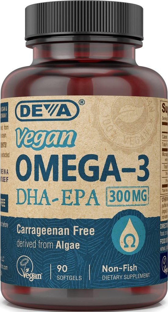 DEVA Vegan Omega-3 DHA-EPA 300MG - No Carrageenan, Non-Fish Oil härrör från Algae, Non-GMO, 90 Gelatin-Free Softgels
