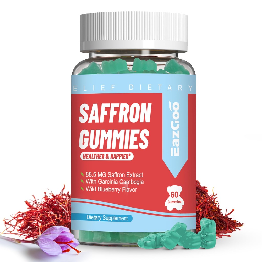 Saffron Supplements Gummies, Saffron Extract för positivt humör och lugn Nerve, Boost Energy, med Garcinia Cambogia, vitamin A, B12, Rhodiola Rosea - 60 Gummies