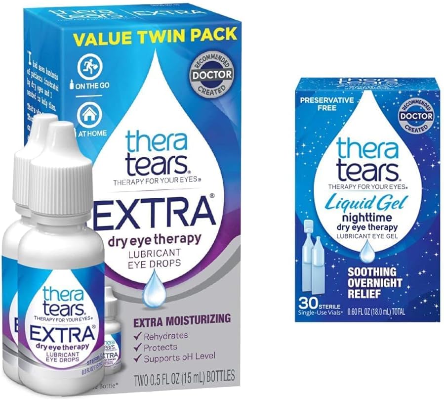 TheraTears Extra Dry Eye Therapy Lubricating Eye Drops för torra ögon, 0,5 fl oz Bottle, 2 Count (Pack of 1) & Liquid Gel Nighttime Lubricating Eye Drops för torra ögon, singel-använda flaskor, 30 Count