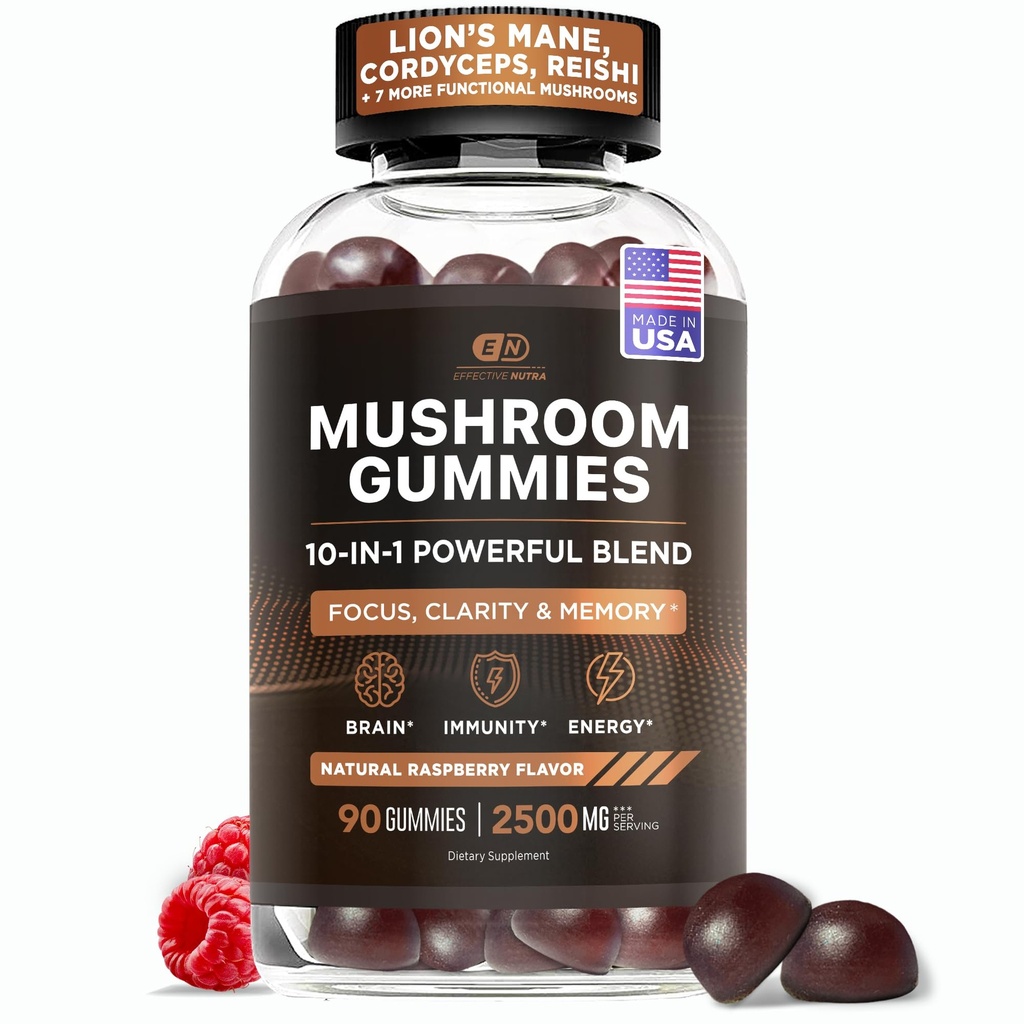 Effective Nutra Mushroom Gummies 2500mg - 10in1 Lion’s Mane, Reishi, Chaga, Cordyceps & More - Focus, Clarity, Memory, Immunity, Energy - Natural Raspberry Flavor, Vegan, Made in USA (90 Count)