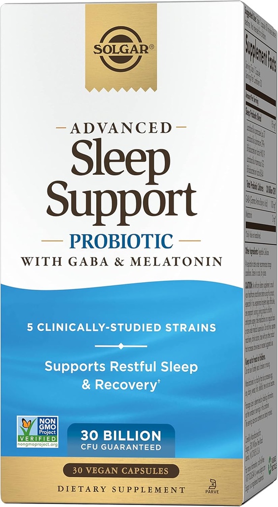 Solgar Advanced Sleep Support Probiotic med GABA & Melatonin, 30 Vegan Capsules - 30 miljarder CFU - 5 Kliniskt Studied Strains - Stöd för Restful Sleep & Recovery - Non-GMO & Vegan, 30 portioner