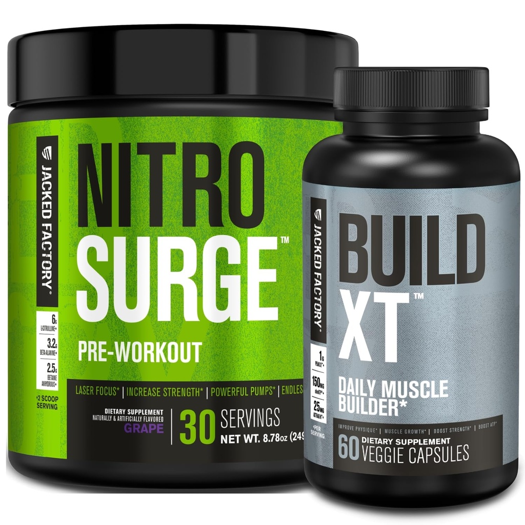 Jacked Factory Nitrosurge Pre-Workout i Grape & Build XT Muscle Building Bundle för Män & Kvinnor