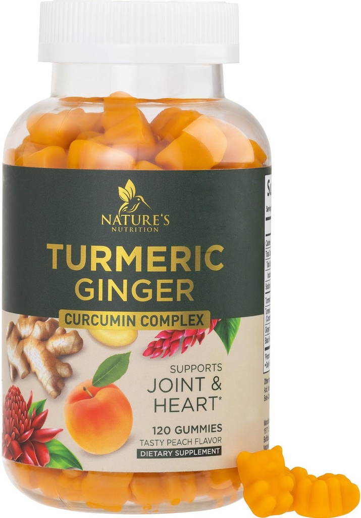 Gummies Curcumin Supplement - 95% Curcuminoids med gurkmeja & Ginger, svartpeppar för bästa absorption, naturens Vegan Joint Support, icke-GMO, Gluten Free, Tasty Peach Flavor - 120 Gummies