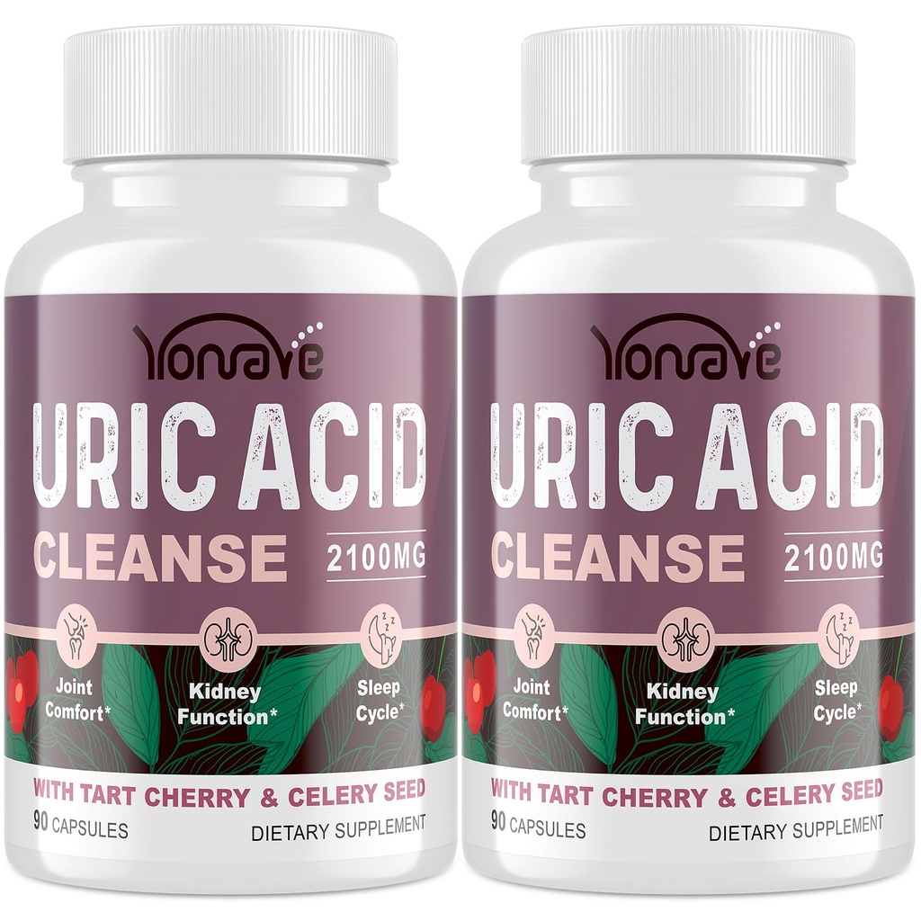Yonrave Uric Acid Cleanse & Detox with Tart Cherry, Celery Seed Uric Acid Supplement – Uric Acid Levels, Joint, Kidney and Sleep – 90 Veggie Capsules（2 Bottle）