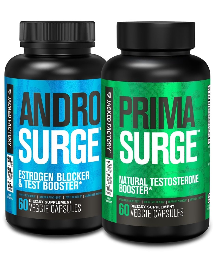 Jacked Factory Testosteron Booster för Män | Östrogen Blocker med Tongkat Ali - Androsurge Anti-Estrogen + Primasurge Natural Test Booster - för Muscle Growth, Vitality, Energy, 30 Day Supply